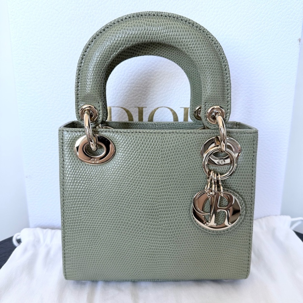 Christian Dior Mini Lady Dior Handbag Green Lizard Leather Light Gold Hardware